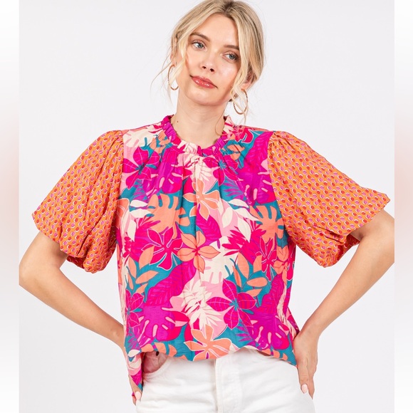 31 Boho Contrast Floral Print Woven Blouse Top - Picture 2 of 6